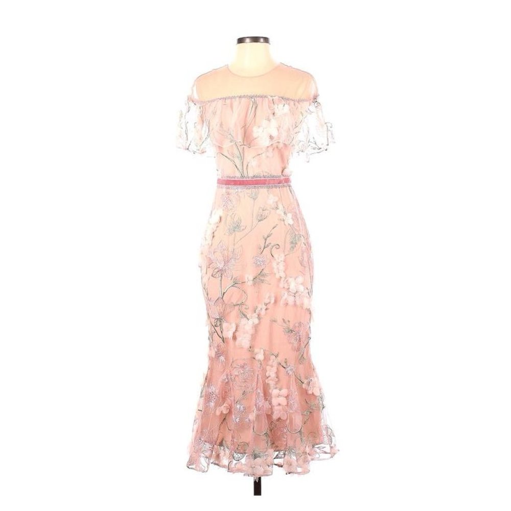 Marchesa Notte - Pink Tulle Ruffle Floral Beaded Gown Sz 0